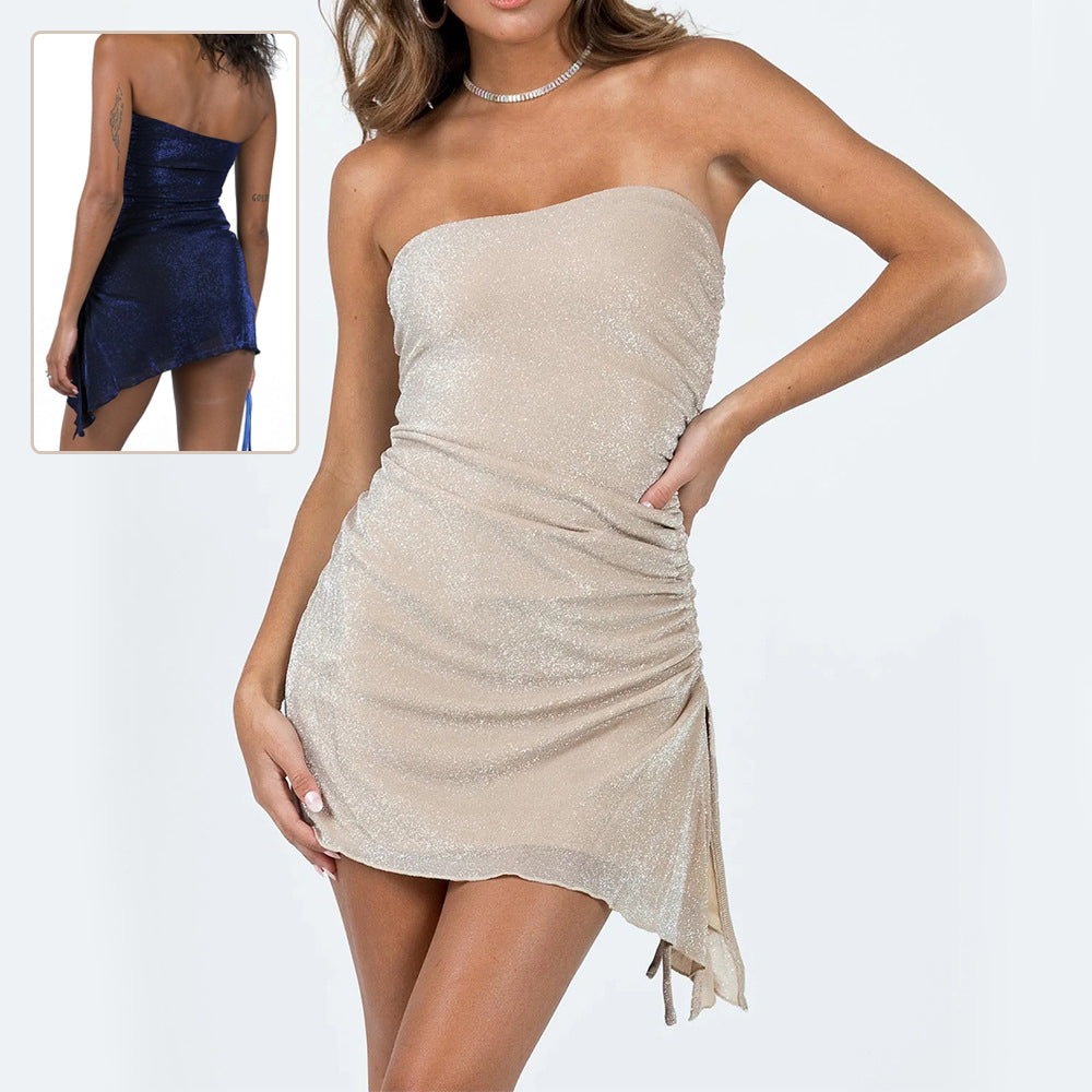 Mini Dress with Strapless Ruching and Asymmetric Hem - champagne front view with dark blue back inset