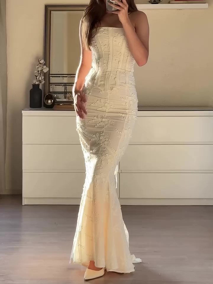 Maxi Skirt Set in Ivory with Strapless Embroidered Top - ivory front view
