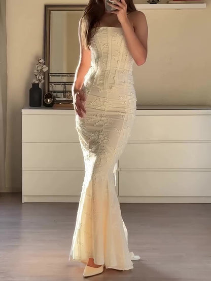 Maxi Skirt Set in Ivory with Strapless Embroidered Top - ivory front view