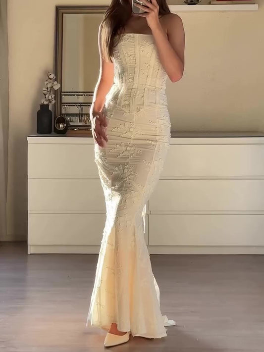 Maxi Skirt Set in Ivory with Strapless Embroidered Top - ivory front view