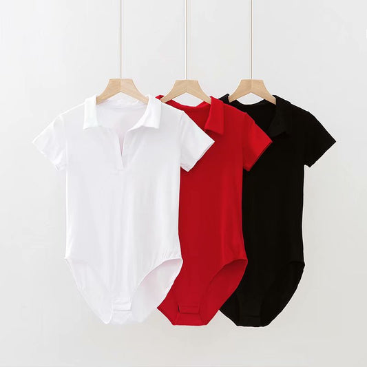Bodysuit with Polo Collar in Black, Red or White - black red and white hanging front view