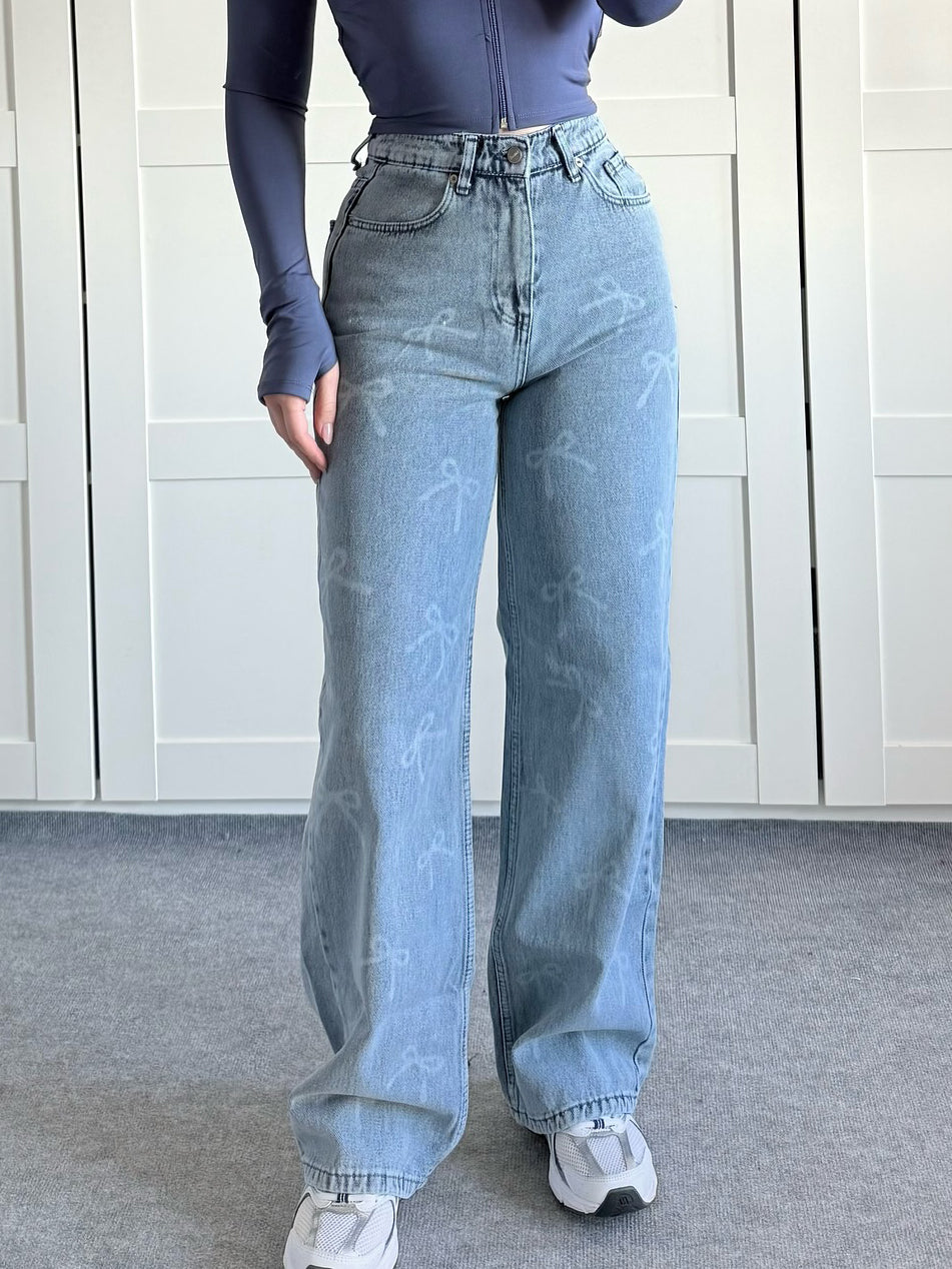 Blue Washed Wide-Leg Bow-Waist Jeans - front relaxed wide-leg view