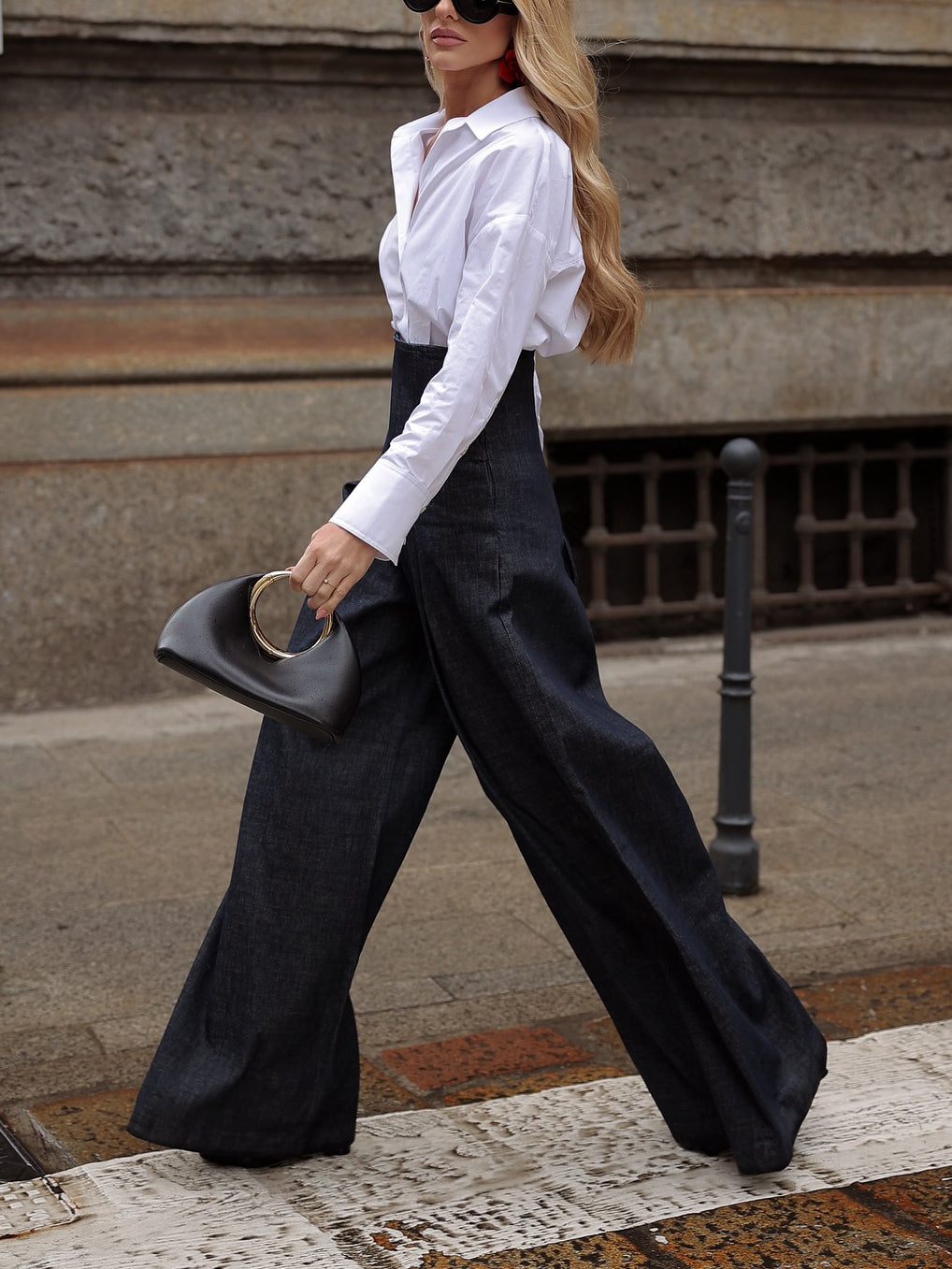 Dark-Wash High-Waist Wide-Leg Jeans - full-length walking pose