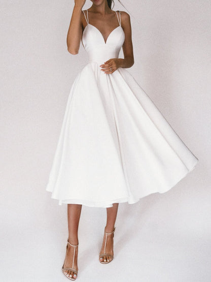 Midi Dress with Plunge Neck and Low Back - White front view