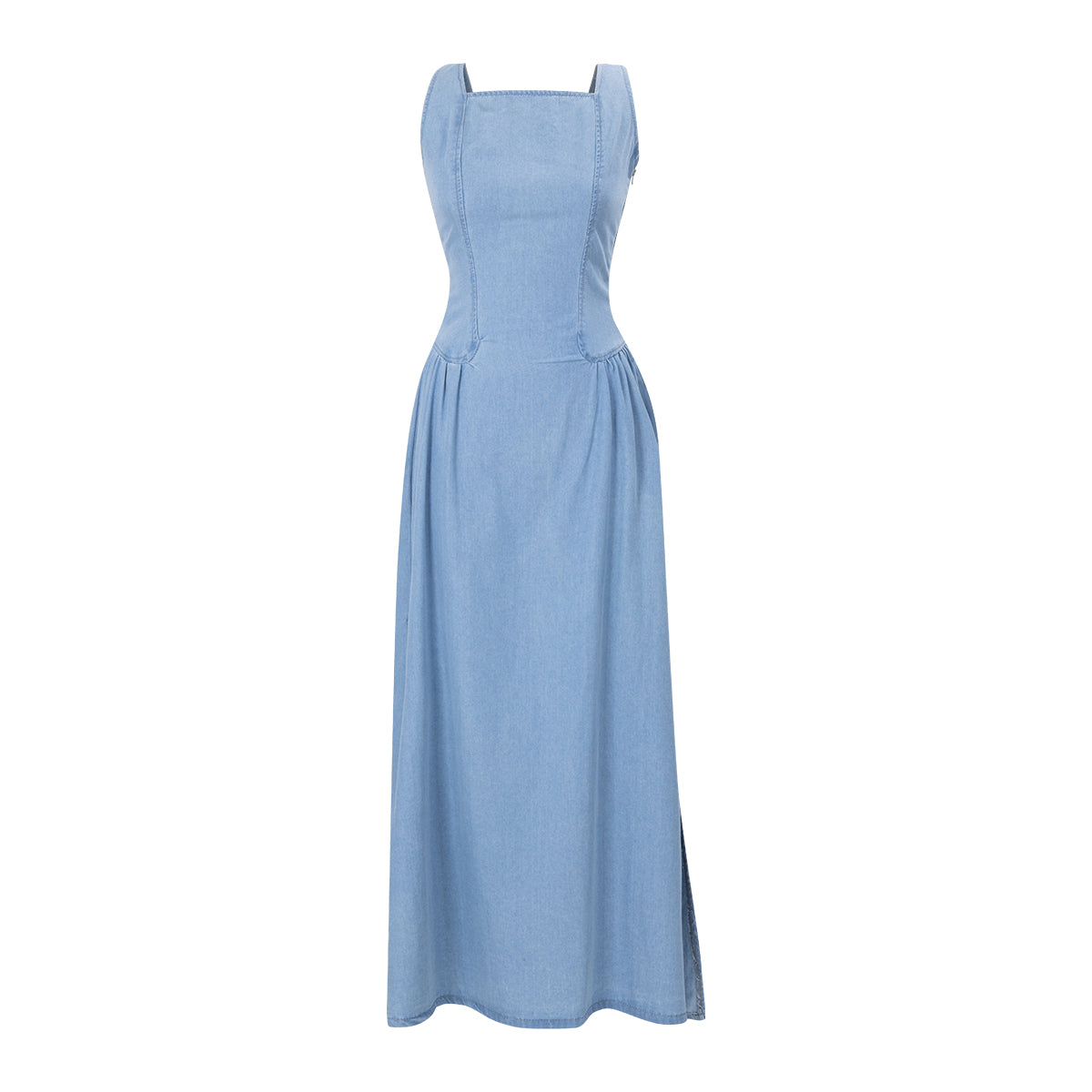 Maxi Dress in Denim Blue with Lace-Up Back - flat lay front view