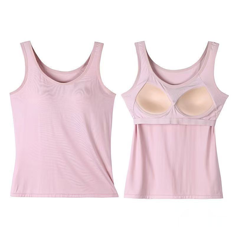 Vest Top with Built-In Bra Support - pink front and built-in cup detail