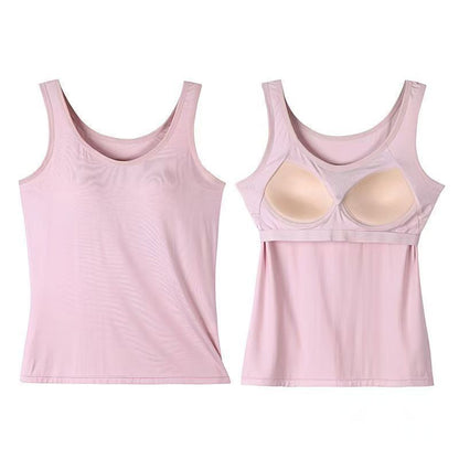 Vest Top with Built-In Bra Support - pink front and built-in cup detail