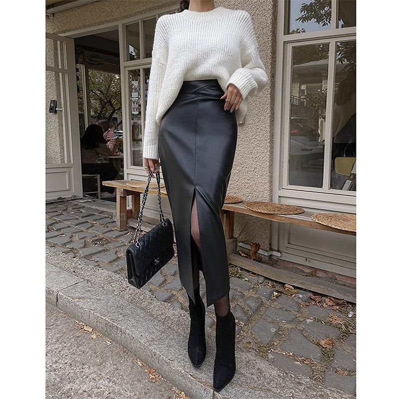 Midi Skirt in Black Faux Leather with Front Split - black knit styling front view