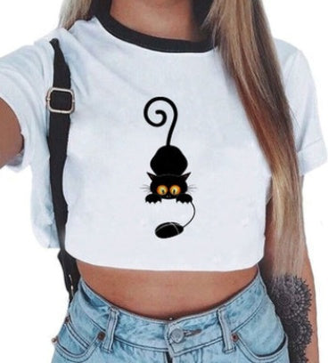 Crop T-Shirt in White with Graphic Print and Contrast Trim - white front with peeking black cat graphic