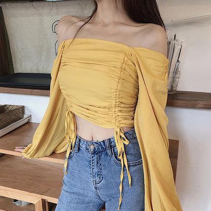 Top with Ruched Bardot Neckline and Lantern Sleeves - yellow ruched front detail