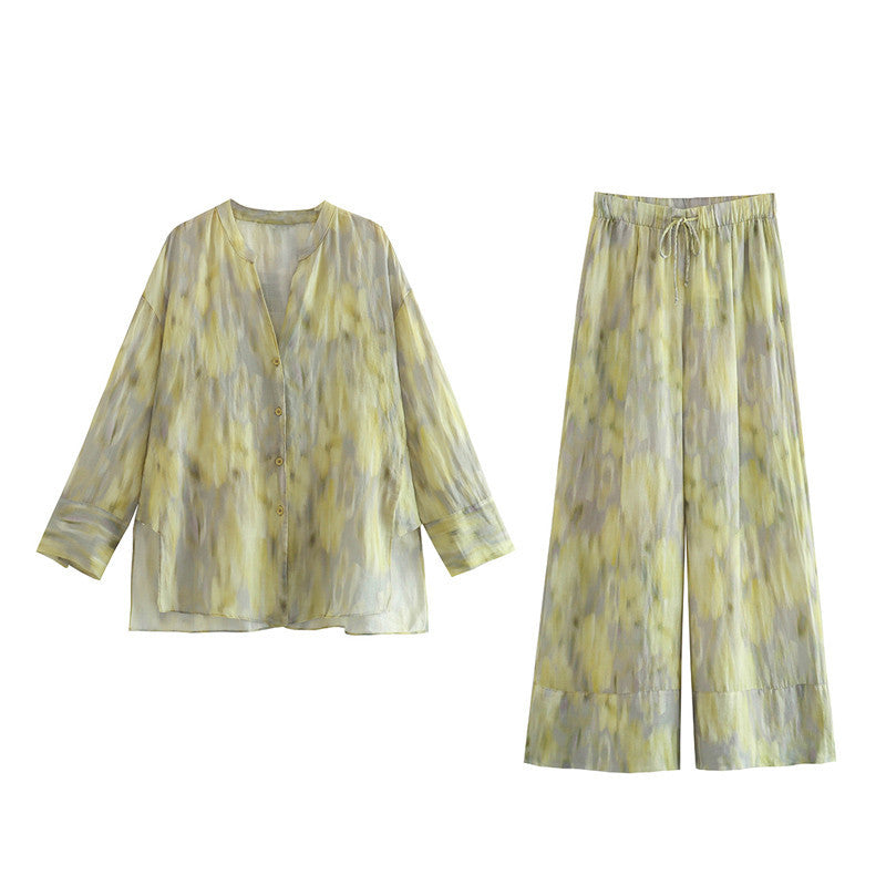 Shirt and Wide-Leg Trousers Set in Sage Tie-Dye Linen Blend - sage tie-dye shirt and trousers flat lay