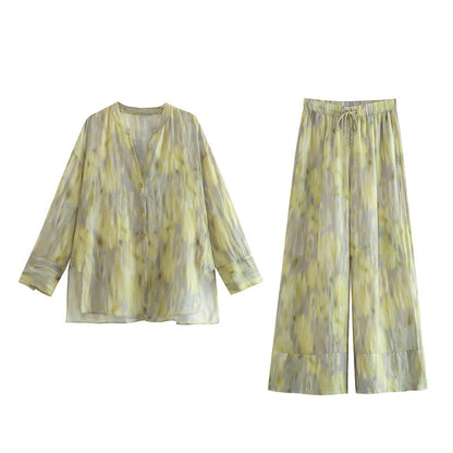 Shirt and Wide-Leg Trousers Set in Sage Tie-Dye Linen Blend - sage tie-dye shirt and trousers flat lay