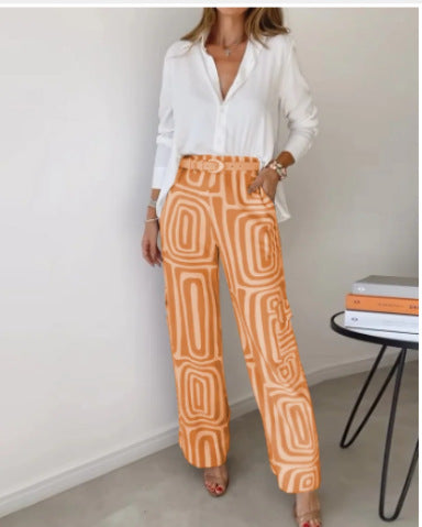 Wide-Leg Trousers & Relaxed Shirt Co-Ord Set in Geometric Print - orange full outfit front view