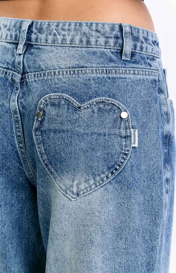 Wide-Leg Jeans in Blue Vintage Wash, Full Length - blue heart back pocket detail