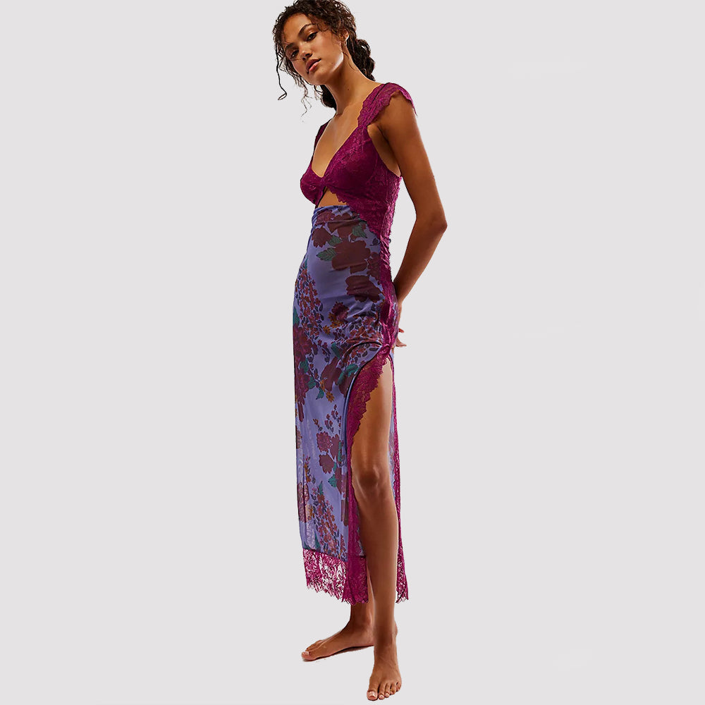 Maxi Dress with Lace Bodice and Floral Print - purple side view