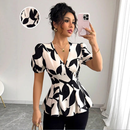 Peplum Blouse in Abstract Print - apricot mirror front view