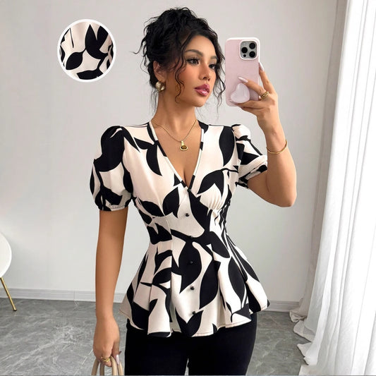 Peplum Blouse in Abstract Print - apricot mirror front view
