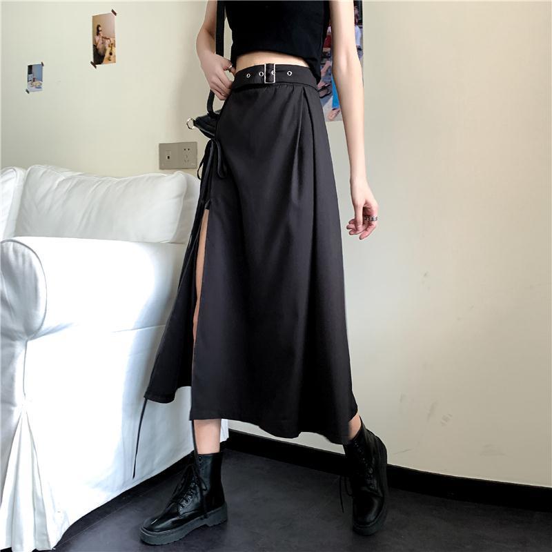 Midi Skirt in Black with Belted Asymmetric Split - black angled view with draped wrap panel