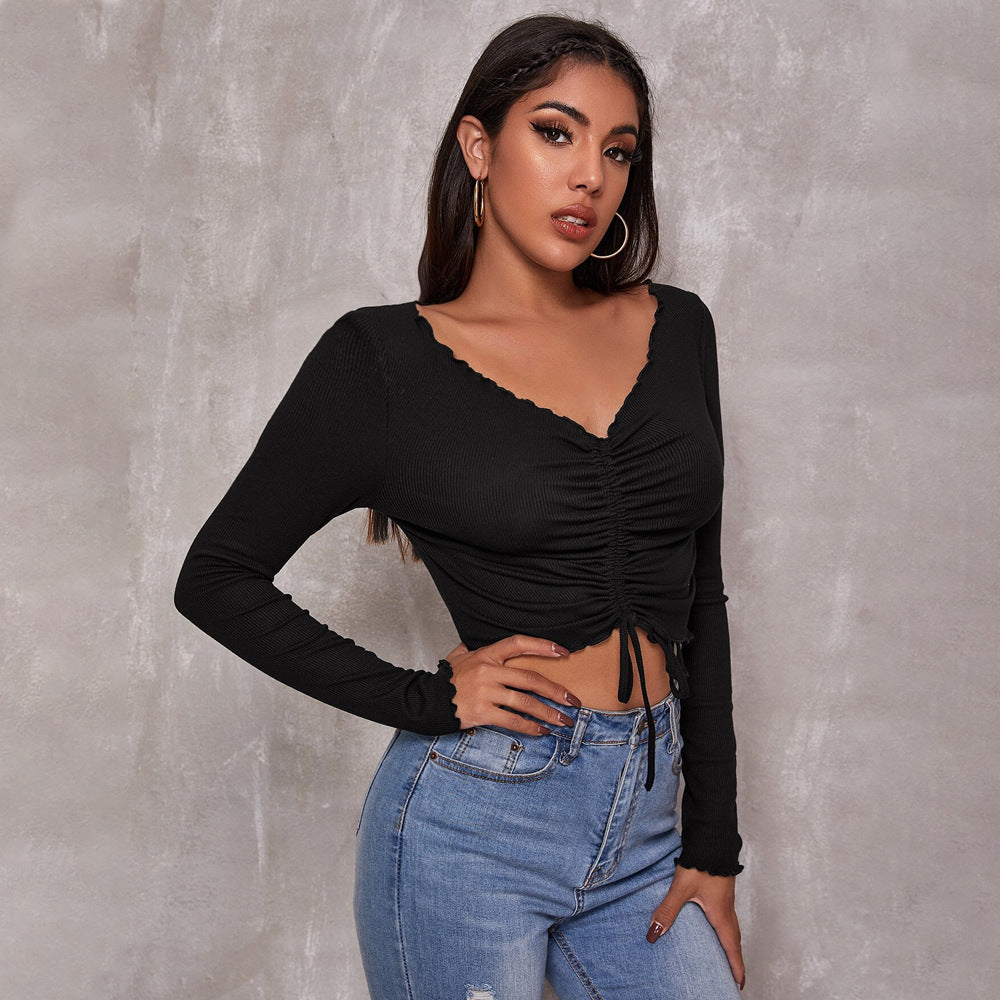 Crop Top in Black with Ruched V-Neck and Long Sleeves - black side front view