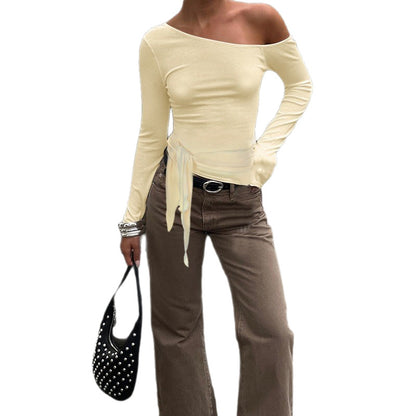 Long-Sleeve Top in One-Shoulder Wrap-Tie - butter yellow side tie detail