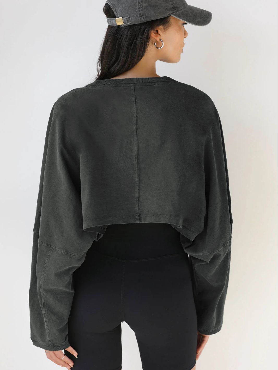 Crop Sweatshirt with Balloon Sleeves in Washed Neutrals - dark grey back view