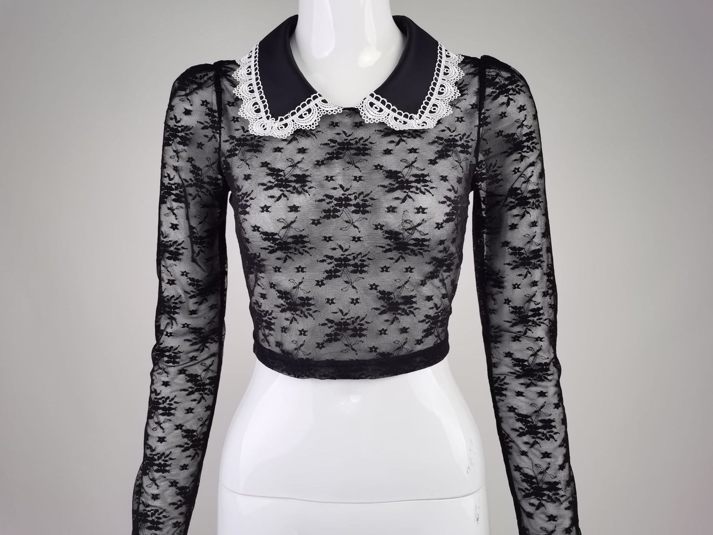 Crop Top in Sheer Black Lace with Pearl Collar - black full front mannequin view