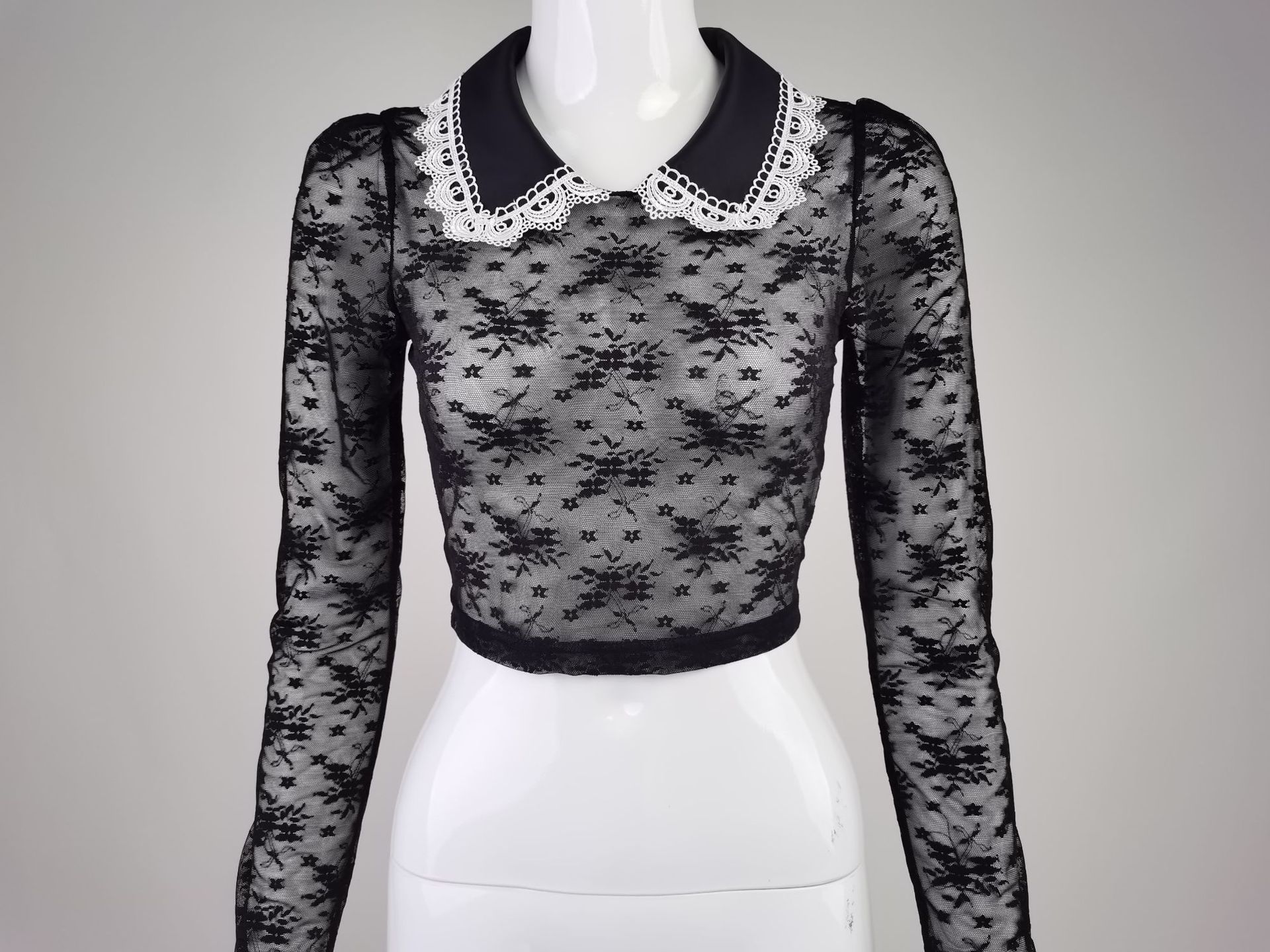 Crop Top in Sheer Black Lace with Pearl Collar - black full front mannequin view