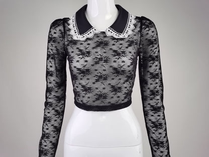 Crop Top in Sheer Black Lace with Pearl Collar - black full front mannequin view
