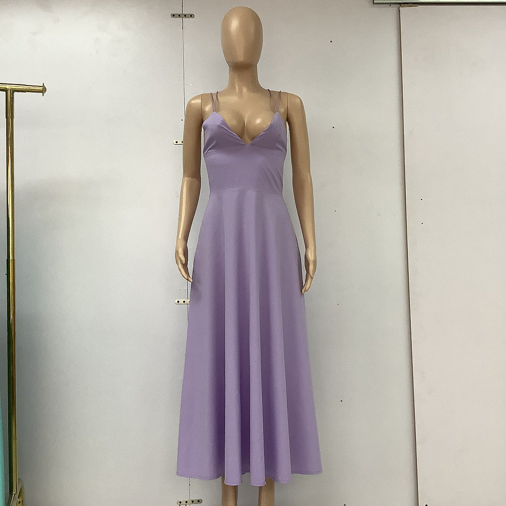 Midi Dress with Plunge Neck and Low Back - Purple full-length mannequin view