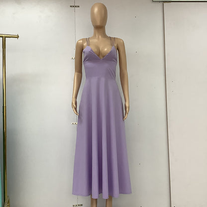 Midi Dress with Plunge Neck and Low Back - Purple full-length mannequin view