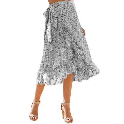 Midi Skirt in Floral Chiffon with Wrap Ruffle Hem - slate floral side view