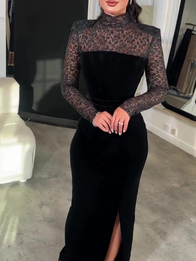 Bodycon Maxi Dress Set in Black Velvet with Lace Top - black front view showing bodycon fit and front slit