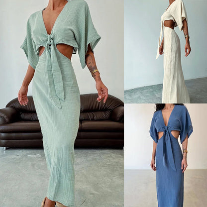 Maxi Dress with Tie-Front Cut-Out - green, milky white and sapphire blue colour overview