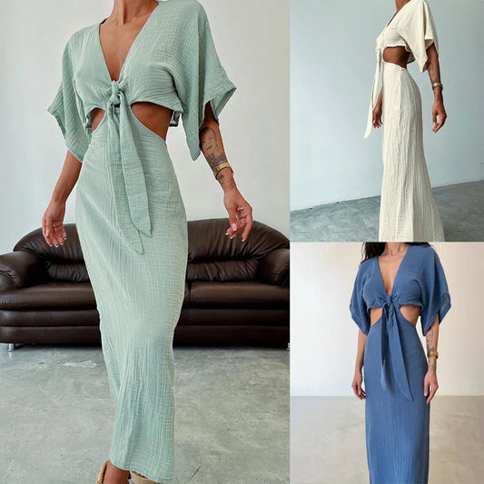 Maxi Dress with Tie-Front Cut-Out - green, milky white and sapphire blue colour overview