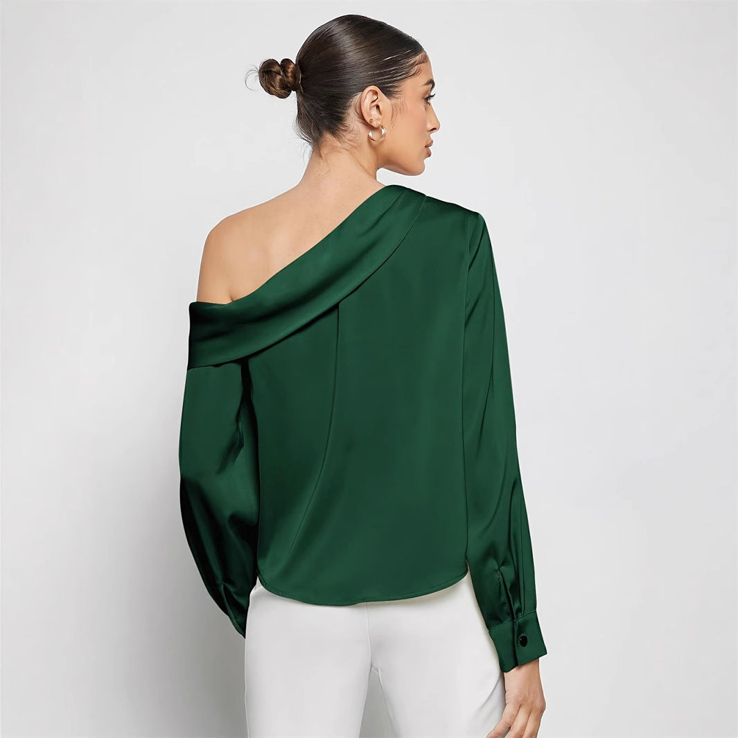 Blouse in Forest Green with Asymmetric One-Shoulder Neckline - forest green back view