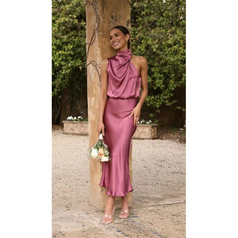Maxi Dress with Draped Halterneck and Satin-Feel Finish - Burgundy full-length front view