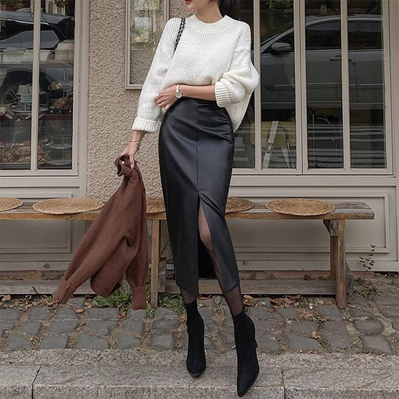 Midi Skirt in Black Faux Leather with Front Split - black side styling view