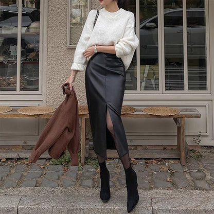 Midi Skirt in Black Faux Leather with Front Split - black side styling view