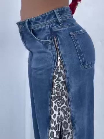 Jeans with Leopard Side Zip Panels - Mid Blue Wide-Leg - leopard zip panel detail