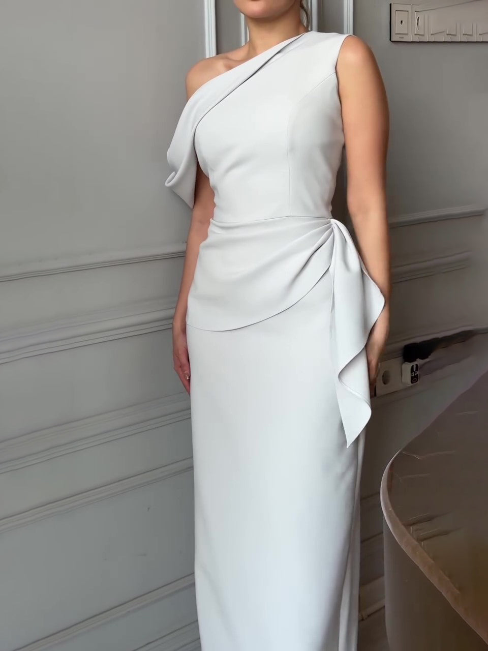 Maxi Dress in Soft Grey with One-Shoulder Drape - full-length front view