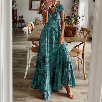 Maxi Dress in Floral Print with Tiered Skirt and V-Neck - Green full-length front view