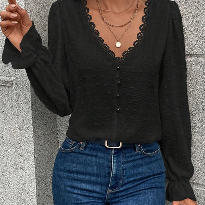 Blouse with Scalloped V-Neck and Button Front - black neckline detail