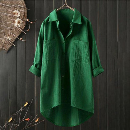 Longline Cotton-Linen Shirt with Curved Hem - bright green front view on dark backdrop