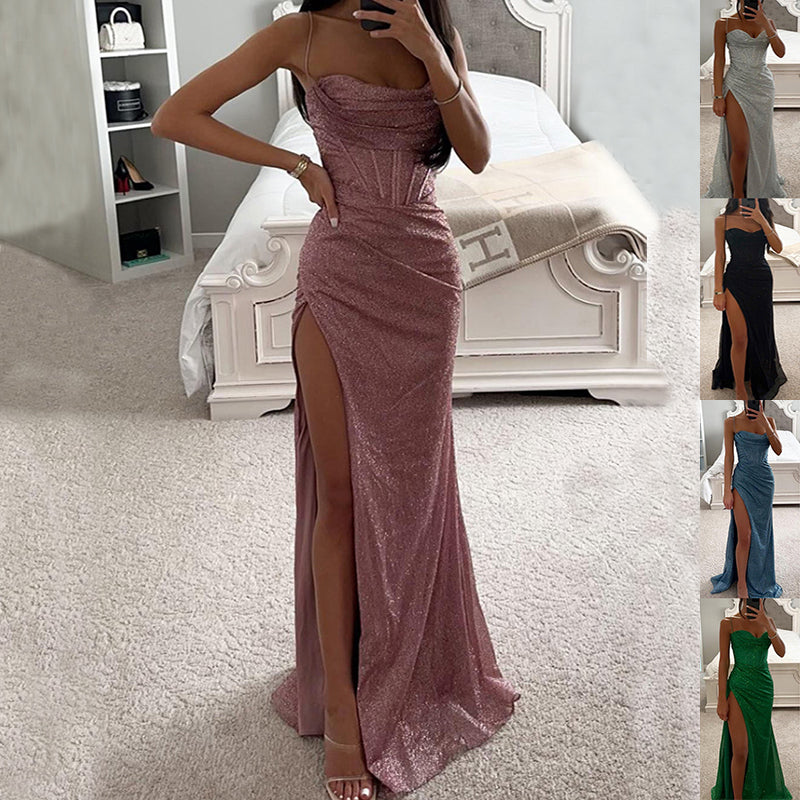 Maxi Dress in Glitter Mesh with Thigh Split - rose pink front view