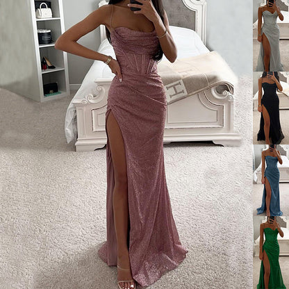 Maxi Dress in Glitter Mesh with Thigh Split - rose pink front view
