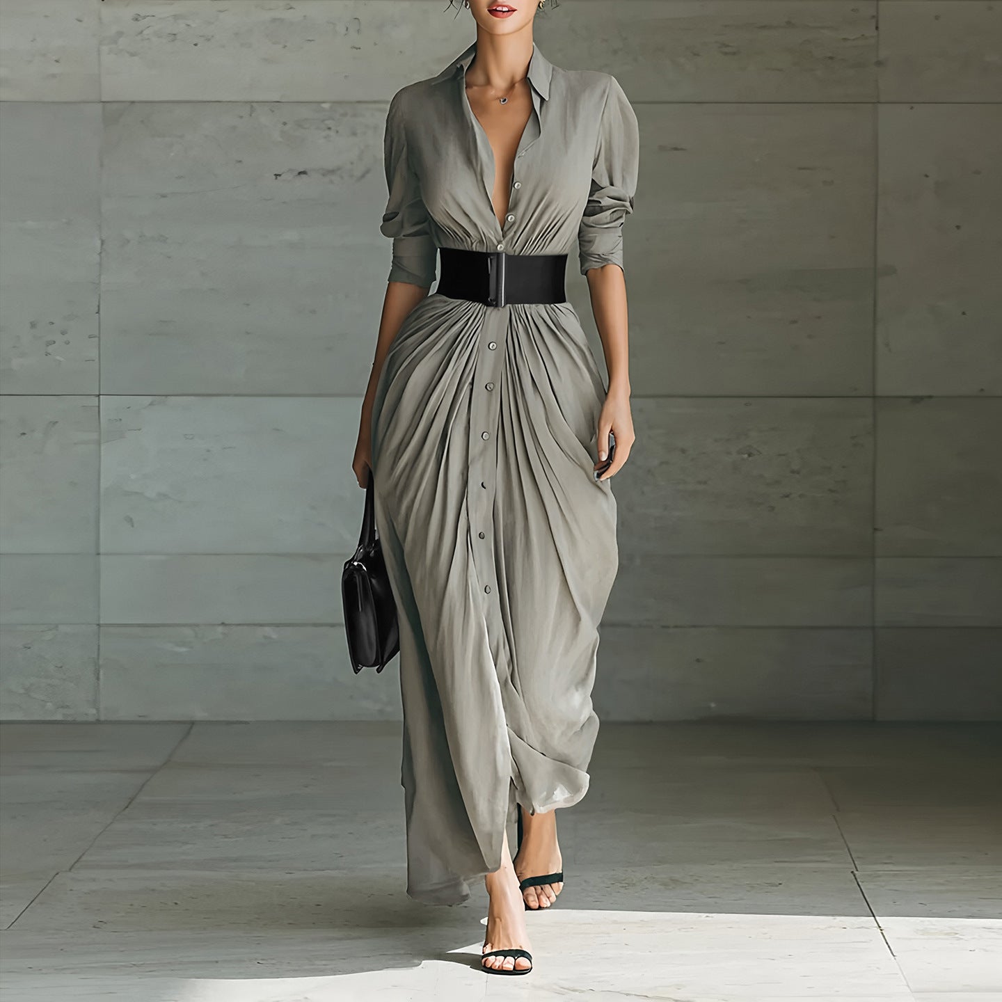 Maxi Shirt Dress with Draped Skirt and Wide Waist Belt - grey front full-length view