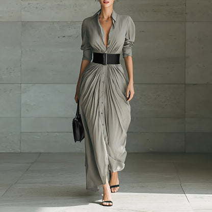 Maxi Shirt Dress with Draped Skirt and Wide Waist Belt - grey front full-length view