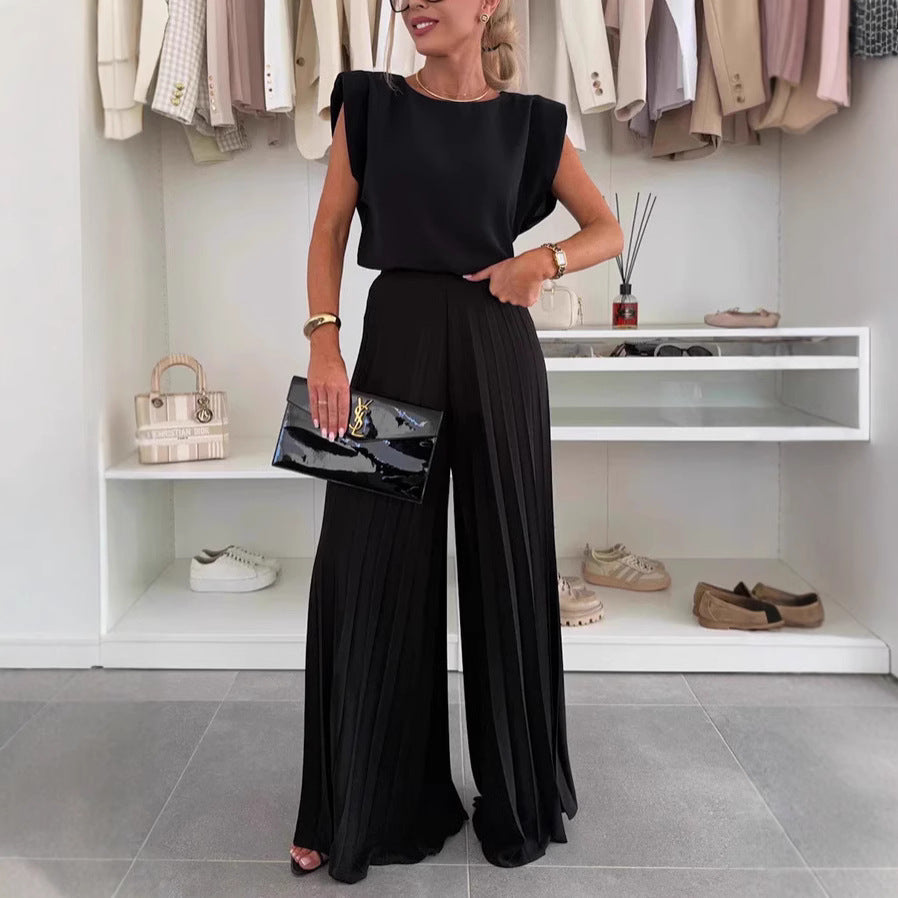 Pleated Wide-Leg Trouser & Sleeveless Top Co-ord Set — black, front view