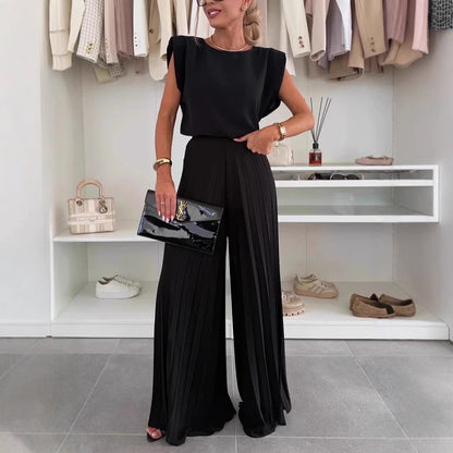 Pleated Wide-Leg Trouser & Sleeveless Top Co-ord Set — black, front view