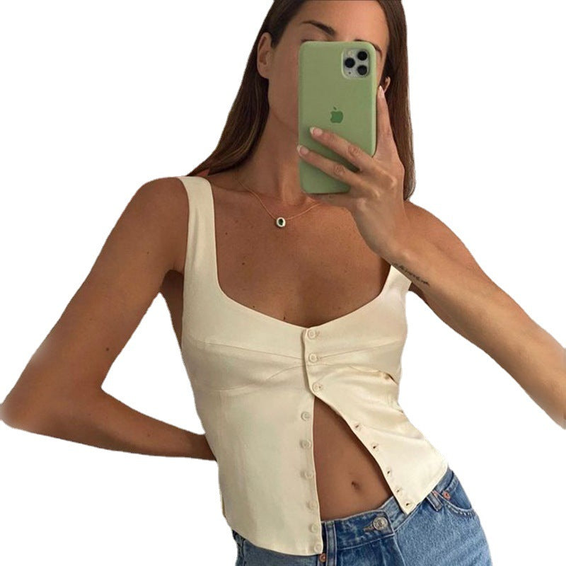 Vest Top in Satin with Square Neck and Button Front - white mirror angle